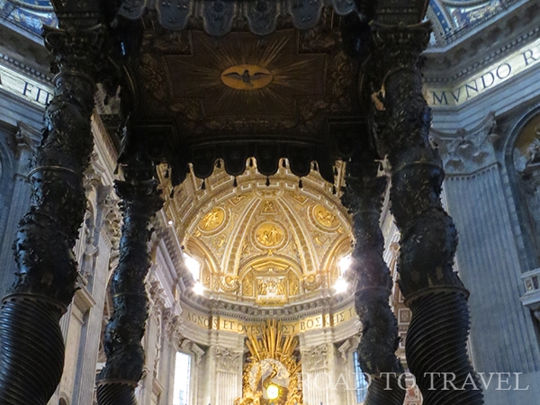 Central Altar St. Peter's Basilica The Papal altar in Saint Peter's Basilica is its center and it is quite overwhelming. This is where the Pope celebrates masses. The altar was consecrated in 1594 by Pope Clement VIII. The canopy above it is the work of Bernini. It stands 95ft in height. Below the Altar is the tomb of St. Peter.