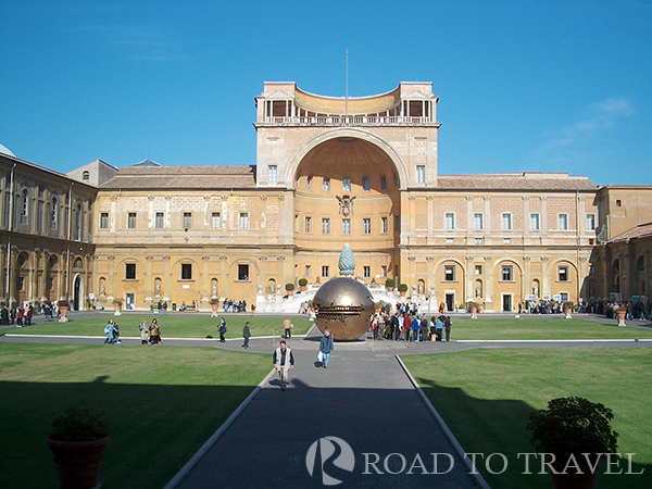 Vatican Museums Cortile della Pigna (courtyard of pine cones) and the Sfera of Arnaldo Pomodro. The Vatican Museum day tour with about 5 million visitors per year is one of the most visited museums of the world.