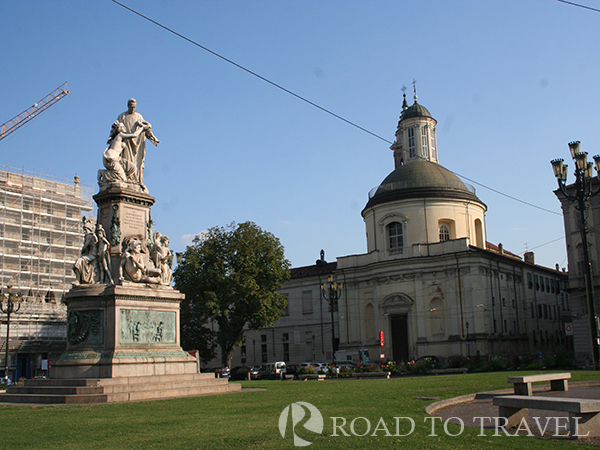 Piazza Carlo Emanuele II A view the monument of Benito Benso, conte di Cavour and of Santa Croce Church in Piazza Carlo Emanuele II Turin Italy